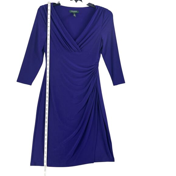 Lauren Ralph Lauren Dress Womens 8 Ruched Stretch V Neck 3/4 Sleeve Elegant - Picture 3 of 11
